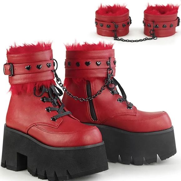 Demonia Shoes - NIB Demonia red love heart demon fur ankle cuff boots Sz 7 bondage